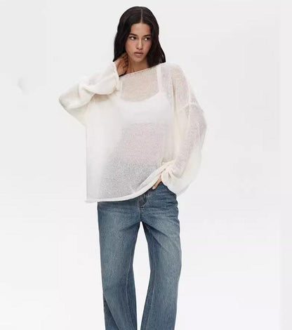 Sheer Knit Pullover Sweater Long Sleeve Loose Fit Top