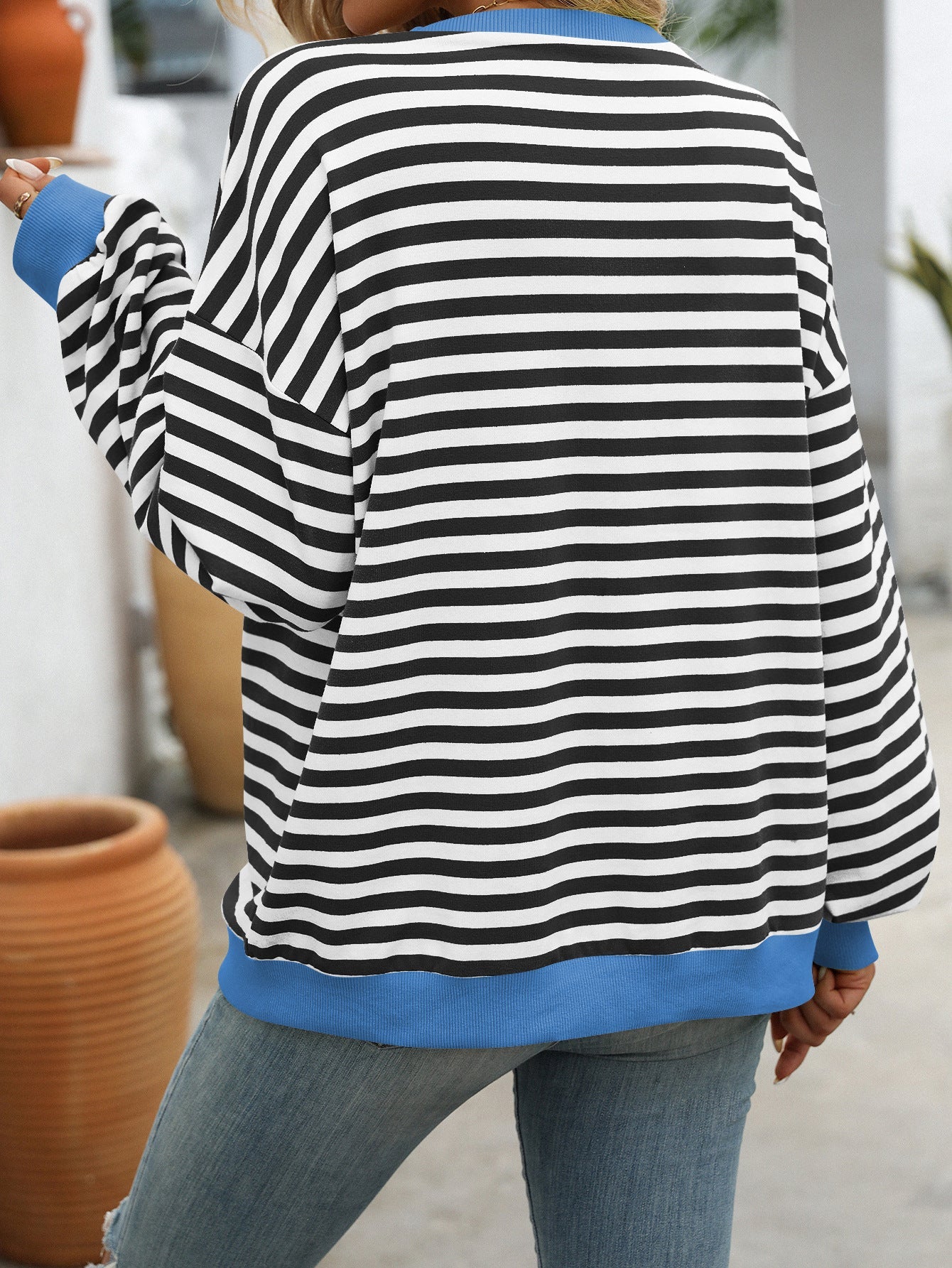 Striped Crew Neck Sweatshirt Loose Fit Casual Sweater for Woman