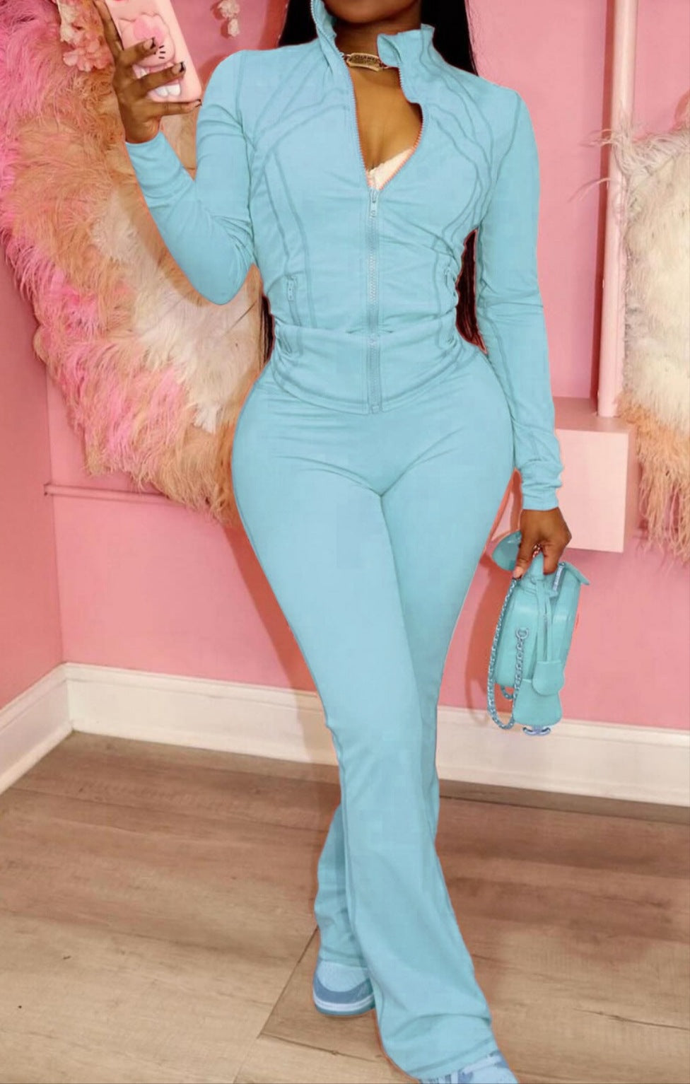 Women's Sexy Zip Up Crop Top & Flare Pants 2 Piece Set
