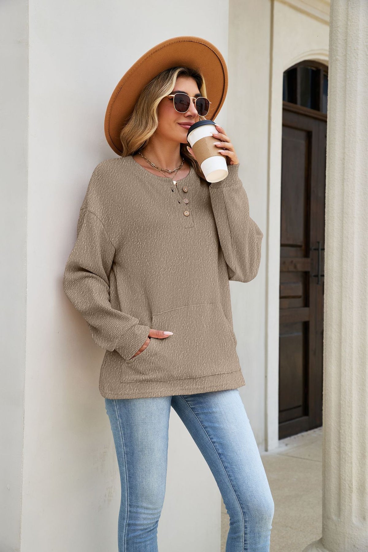 Women's Waffle Knit Henley Long Sleeve Pocket Top