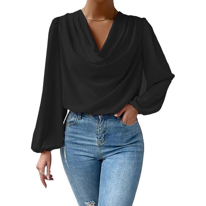 Cowl Neck Chiffon Blouse Lantern Sleeve Draped Top