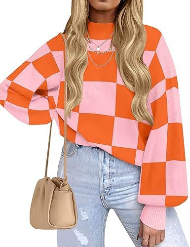 Women's Checkered Mock Neck Balloon Sleeve Sweater
