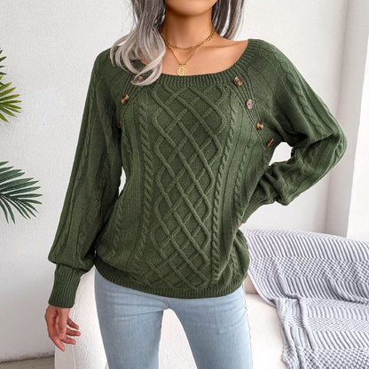 2025 Fall Winter Casual Square Neck Button Detail Cable Knit Sweater