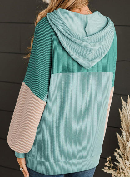 Color Block Ribbed Knit Hoodie Long Sleeve Sweatshirt