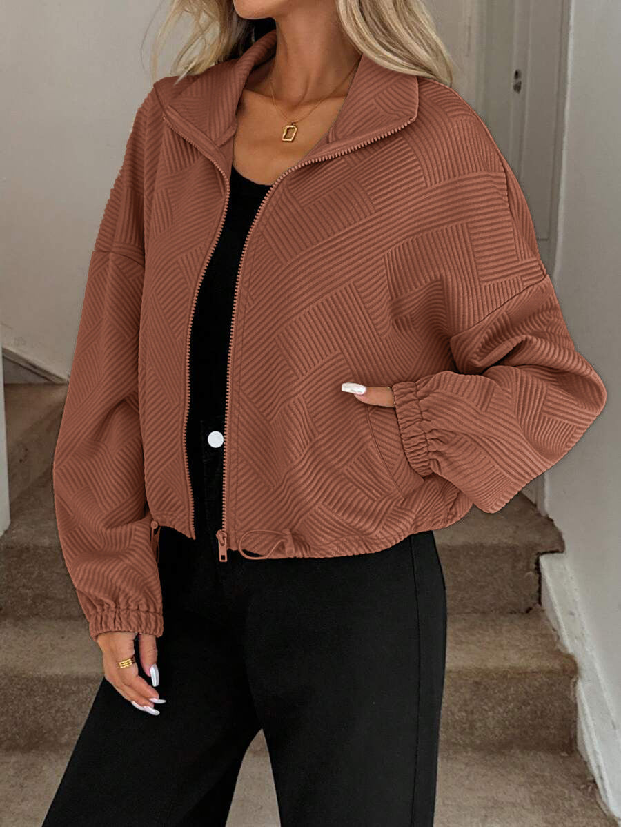 Textured Zip Up Bomber Jacket Drawstring Hem Casual Coat