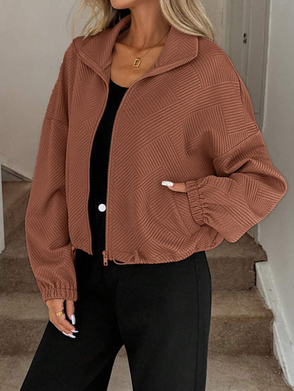 Textured Zip Up Bomber Jacket Drawstring Hem Casual Coat