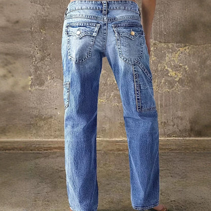 Washed Denim Cargo Wide Leg Jeans High Waist Vintage