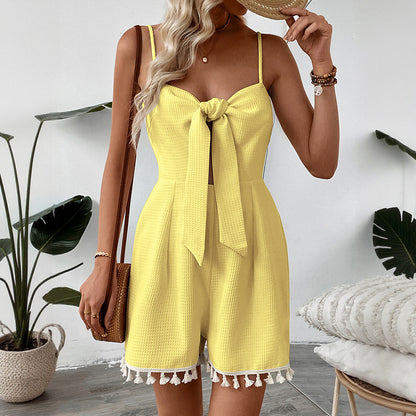 Bow Front Tassel Romper Backless Summer Vacation Outfit