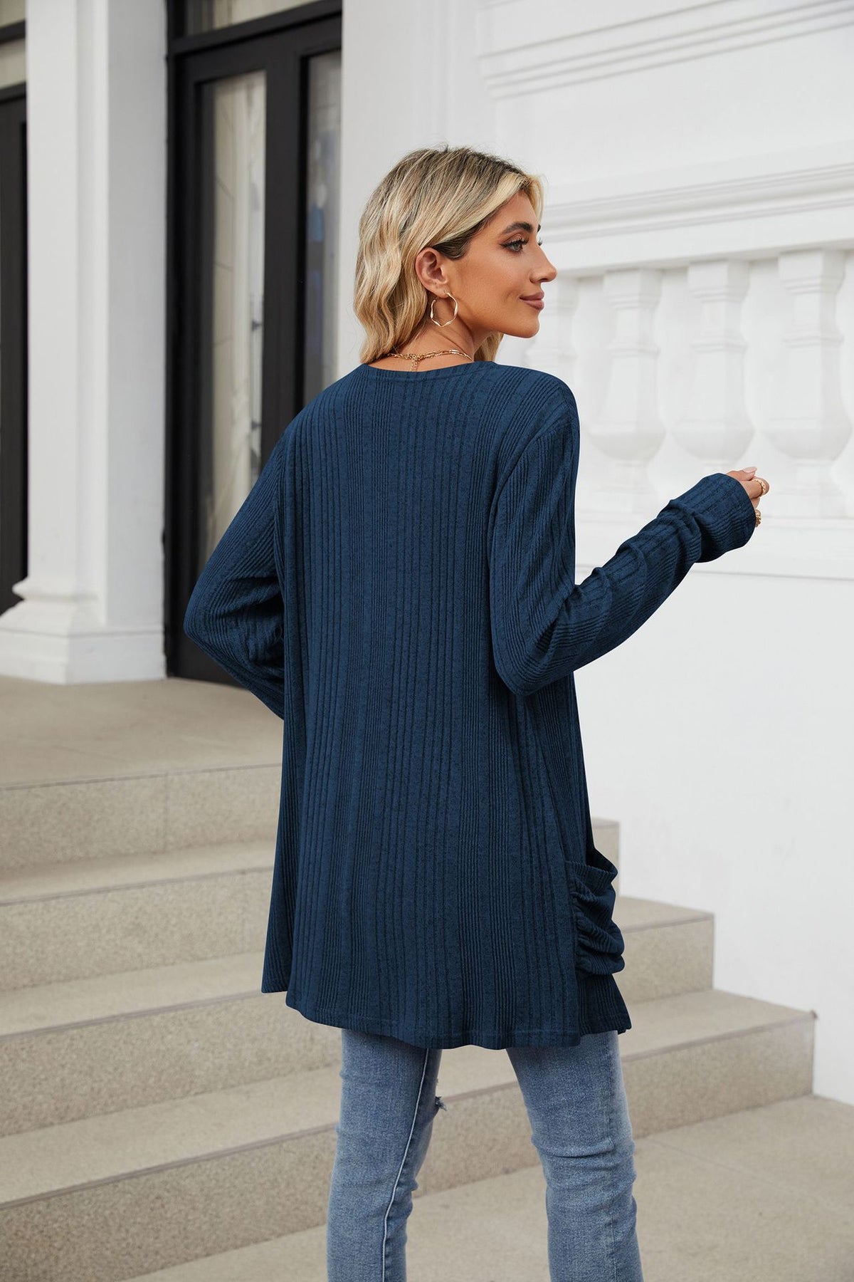 Women's Long Sleeve Ribbed Open Front Cardigan Pockets