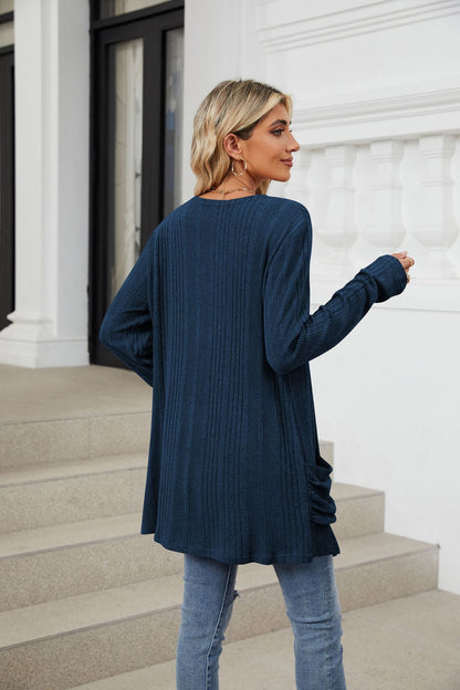 Women's Long Sleeve Ribbed Open Front Cardigan Pockets