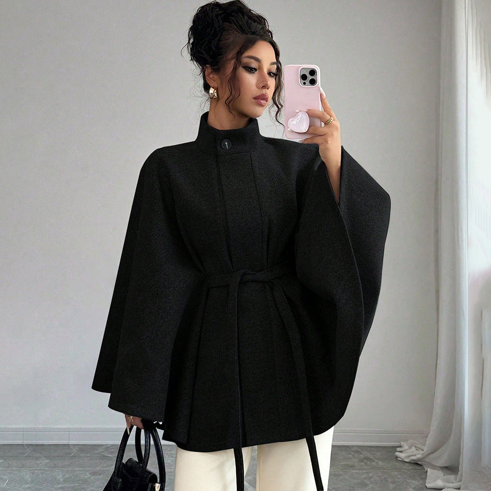 Women's Belted Cape Coat Stand Collar Wool Jacket