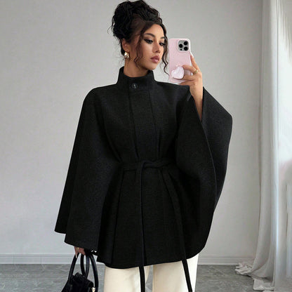 Women's Belted Cape Coat Stand Collar Wool Jacket
