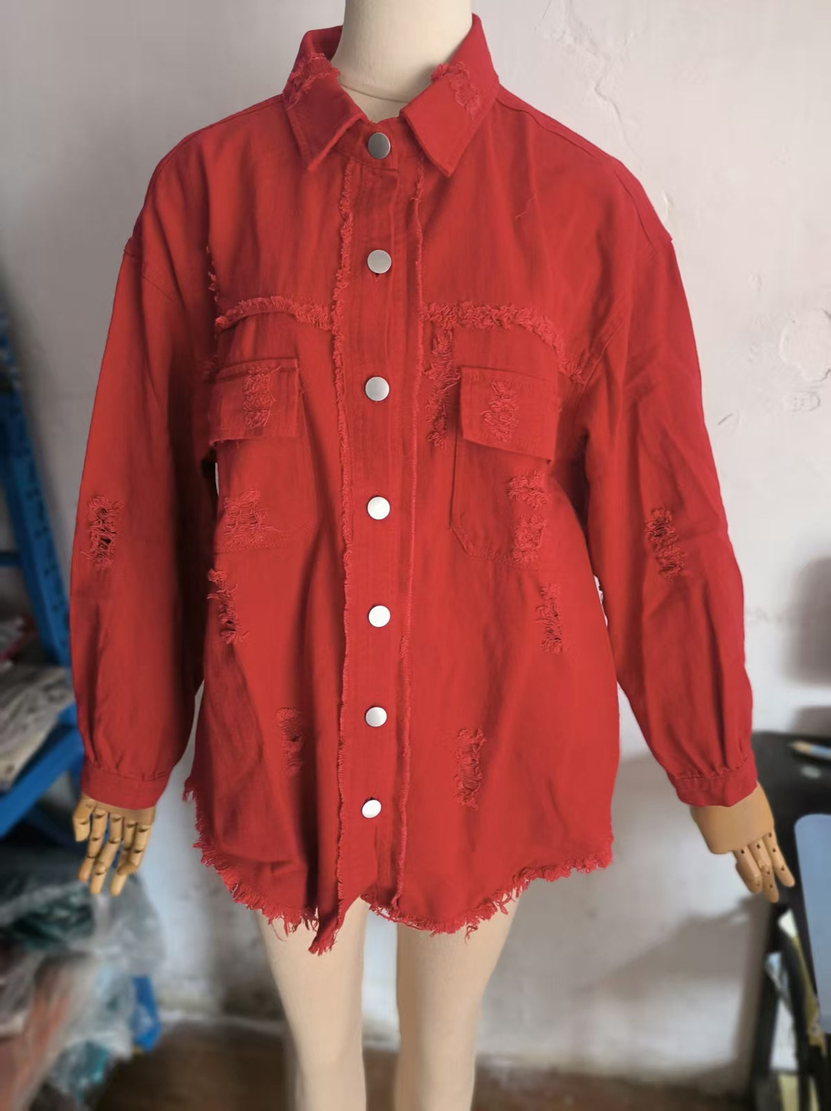 Women's Oversized Denim Jacket Distressed Frayed Hem