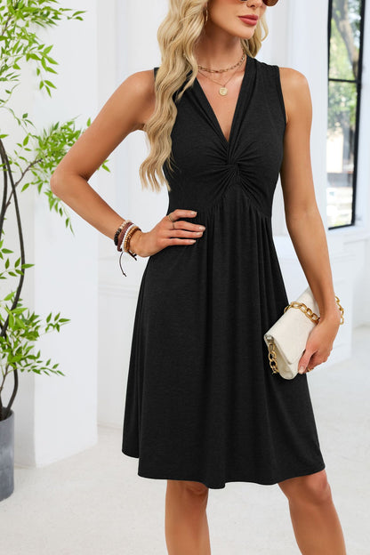 Twist Front V Neck Sleeveless Midi Knit Dress