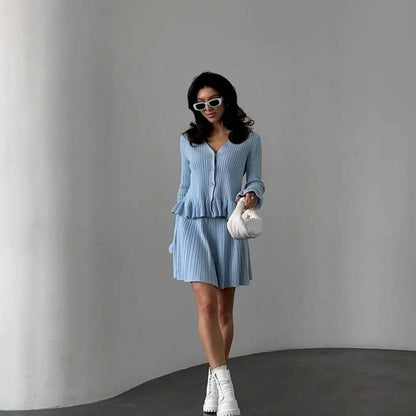 Women's Ribbed Knit Peplum Cardigan & Skirt Set
