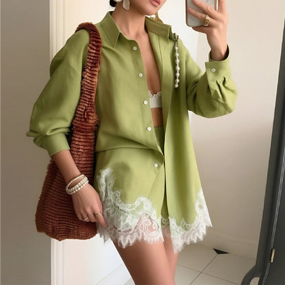 Women's Lace Trim Shirt and Shorts Matching Set