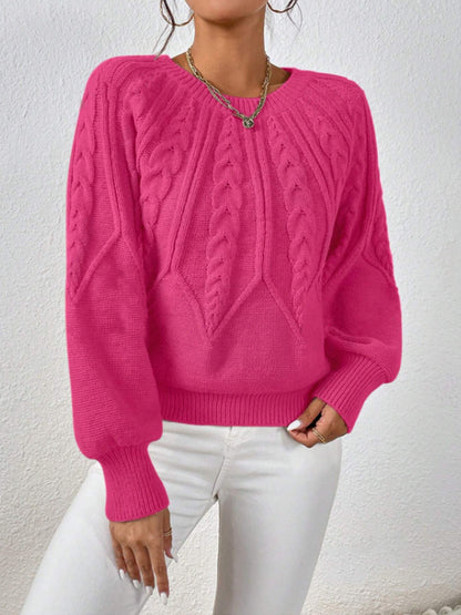 Women's Cable Knit Balloon Sleeve Crew Neck Sweater