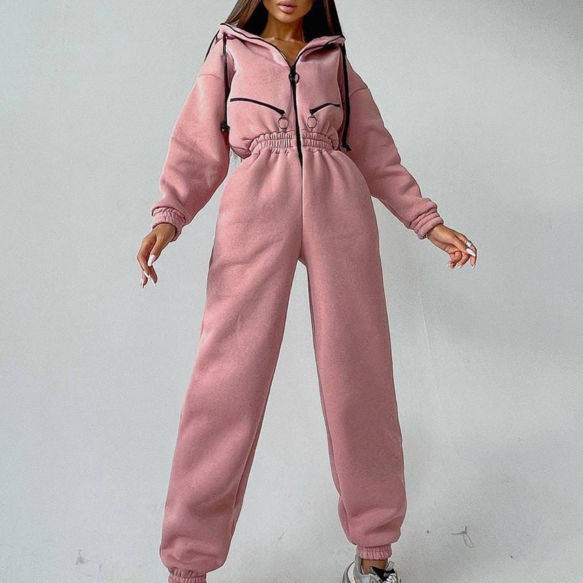 Women's Oversized Zip-Up Hooded Fleece Jumpsuit