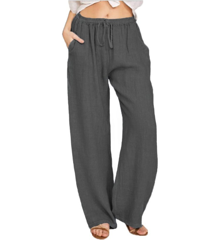Womens Linen Wide Leg Pants High Waist Drawstring Casual