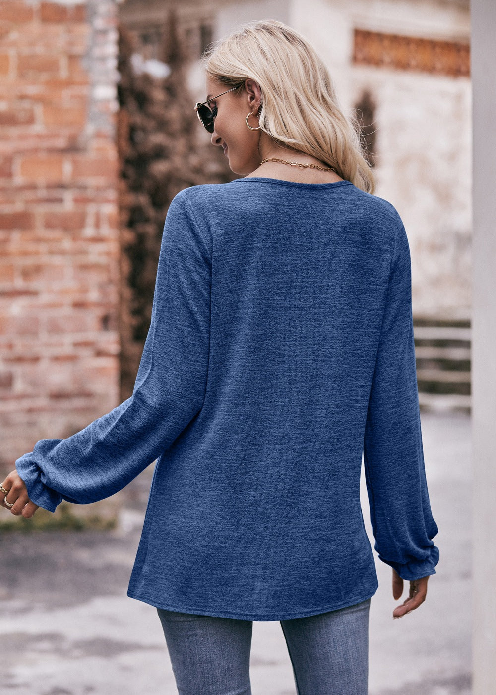 Round Neck Pleated Long Sleeve Brushed Knit Top