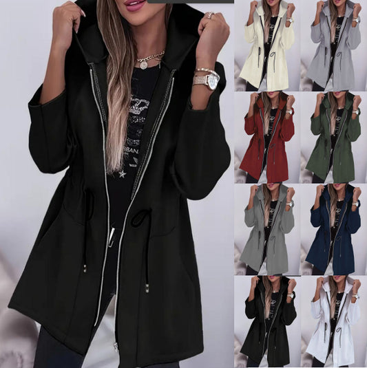 Women's Hooded Drawstring Waist Zip-Up Mid Length Jacket
