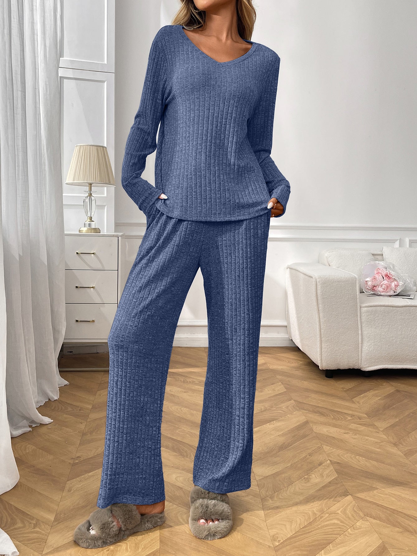 Cozy Ribbed V Neck Lounge Set with Wide Leg Pants