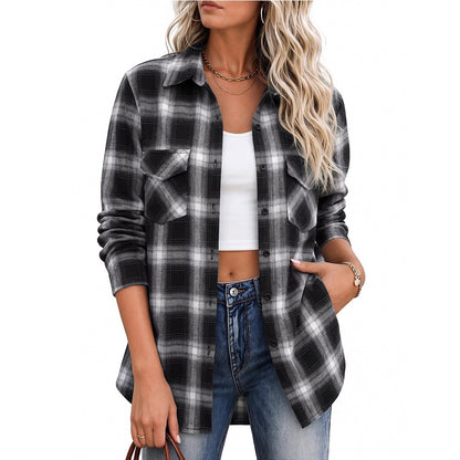 Womens Oversized Plaid Shacket Long Sleeve