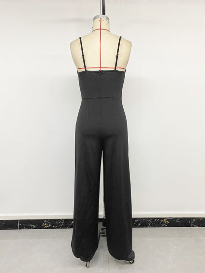Black Lace Sheer Spaghetti Strap Wide Leg Jumpsuit