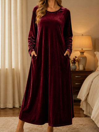 Women's Long Sleeve Velvet Maxi Dress A-Line with Pockets