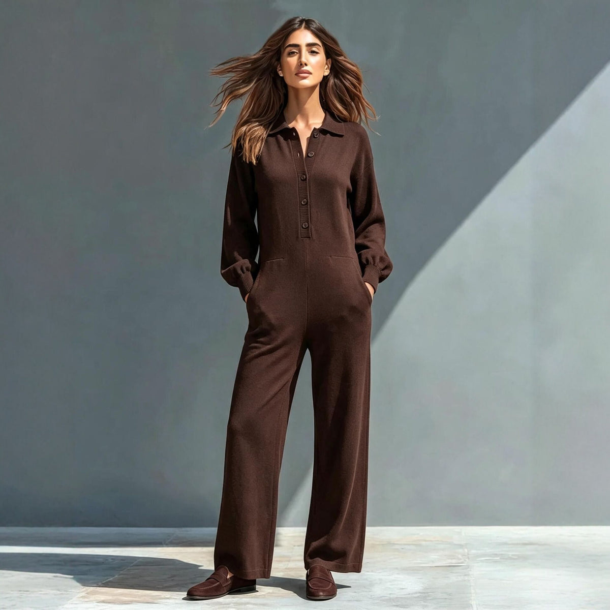 Collared Button Front Knit Wide Leg Jumpsuit