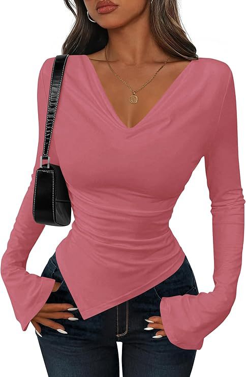 Women's Cowl Neck Long Sleeve Asymmetric Fitted Top