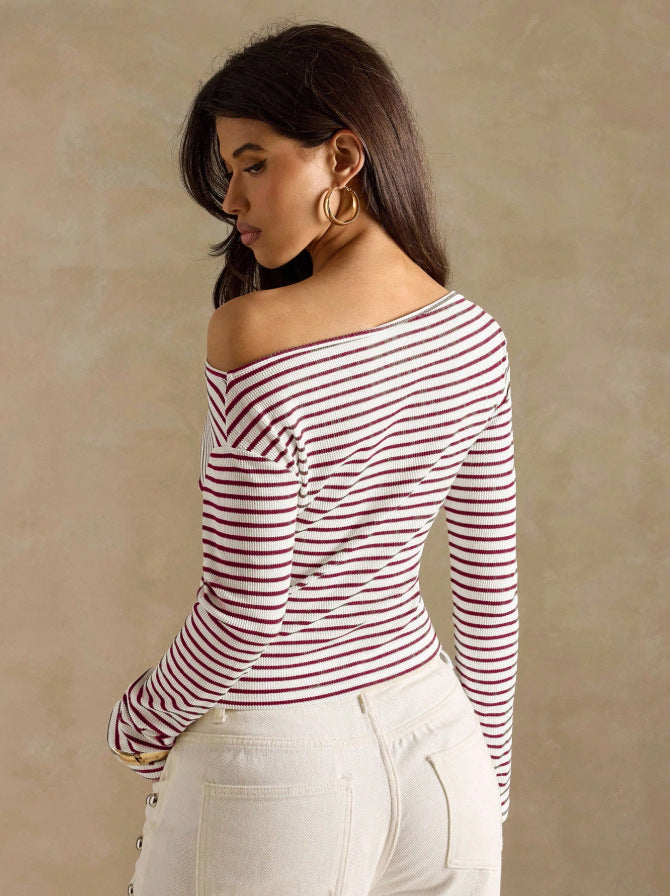 Women's Striped Off Shoulder Long Sleeve Knit Top