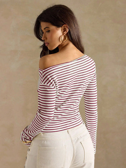 Women's Striped Off Shoulder Long Sleeve Knit Top