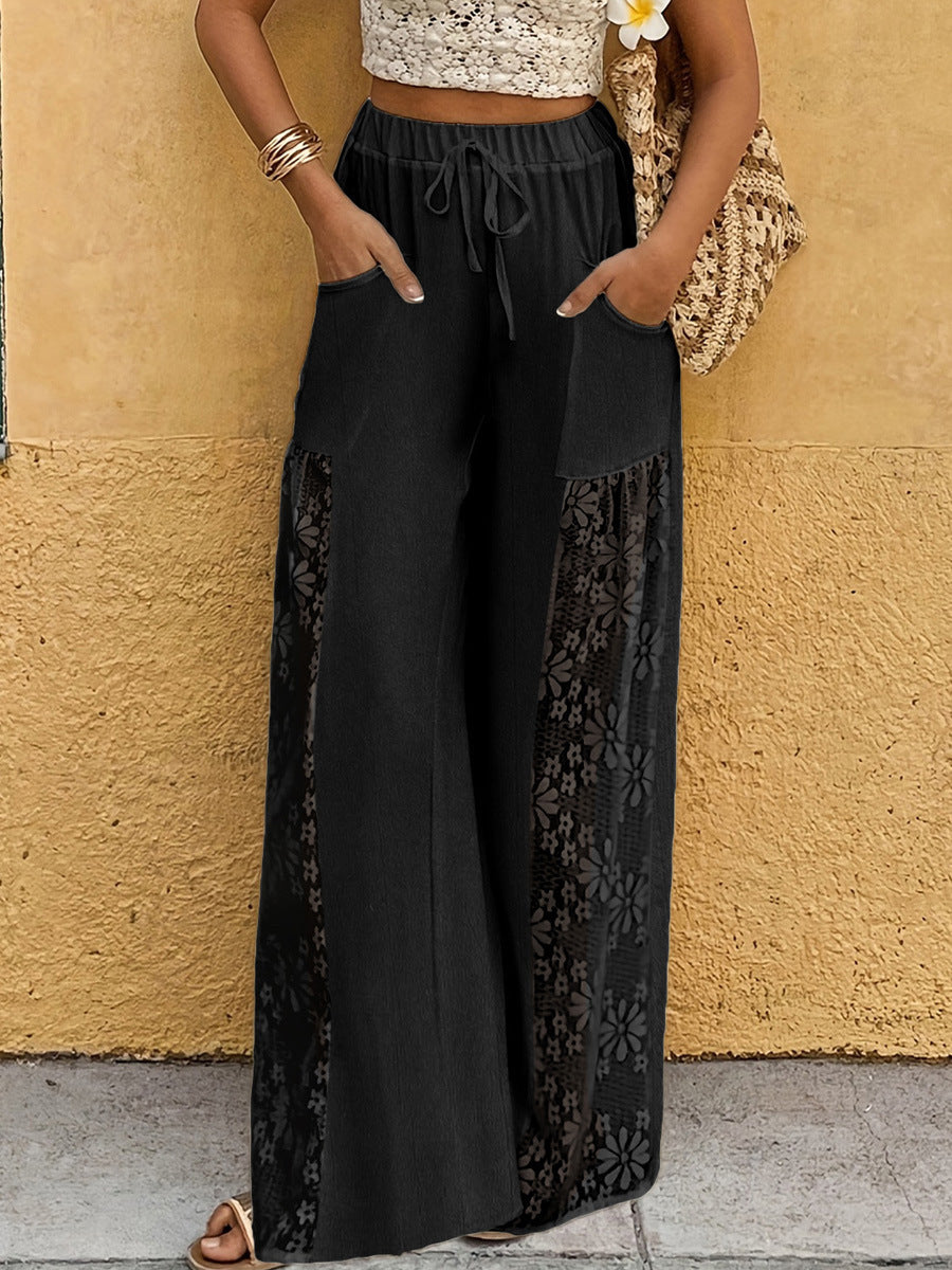 Women's Lace Panel Wide Leg Pants High Waist Drawstring