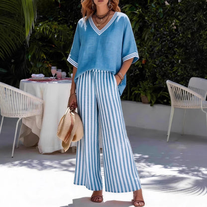 Women's Striped Wide Leg Pants V-Neck Top Two Piece Set