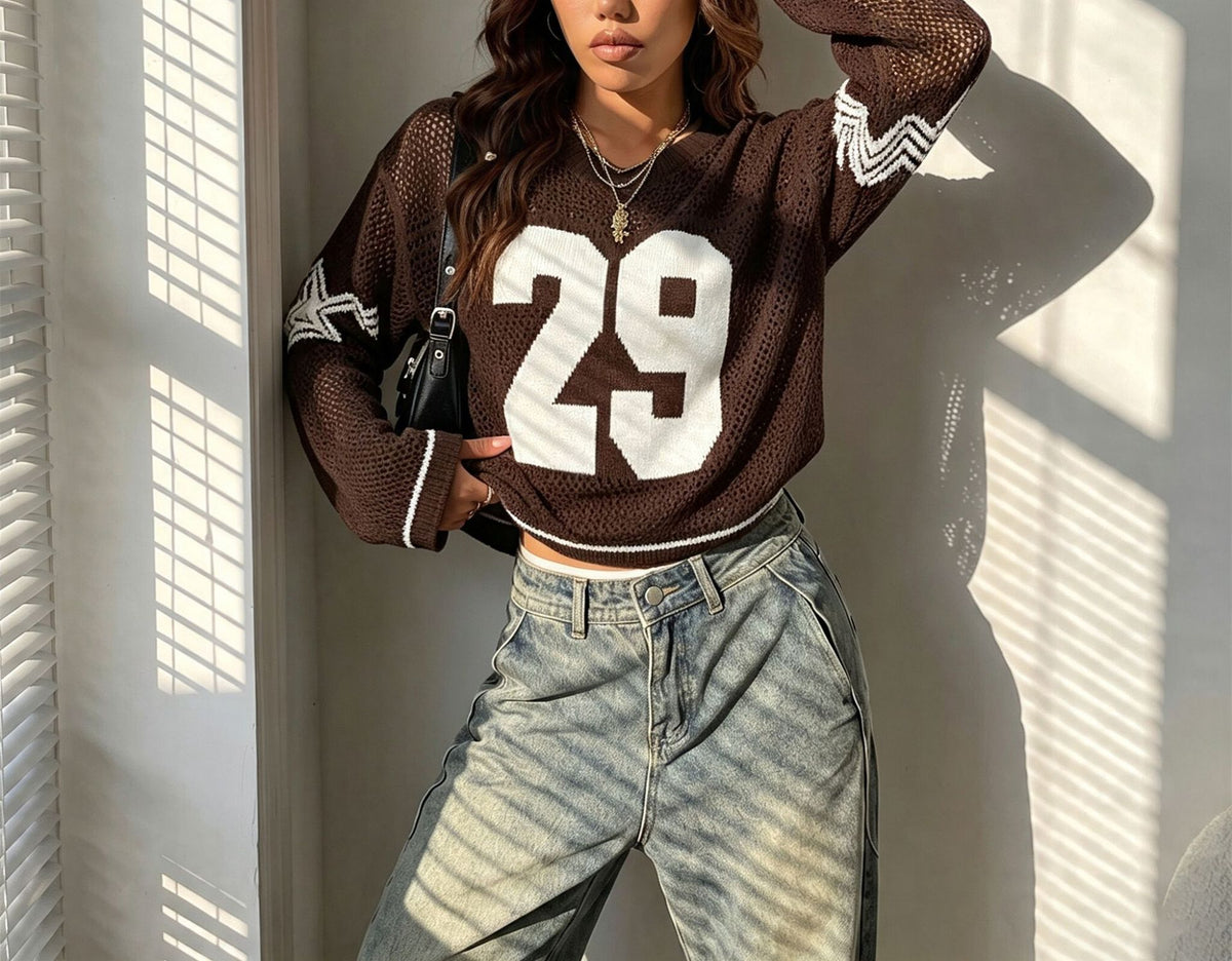 Women's Oversized Graphic Number Mesh Sweater Streetwear