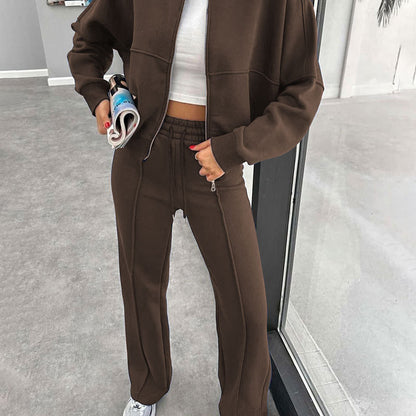 Women's Fleece Lined Zip Up Jacket Wide Leg Pants Set
