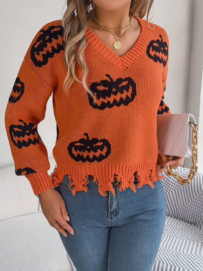 Halloween Pumpkin Knit Sweater with Frayed Hem
