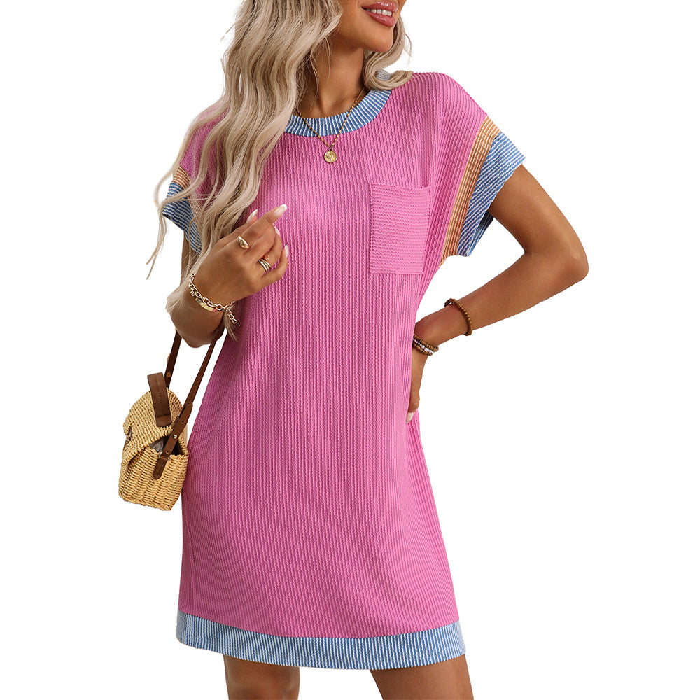 Color Block Ribbed T Shirt Dress Pocket Casual Summer