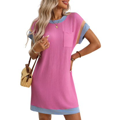 Color Block Ribbed T Shirt Dress Pocket Casual Summer