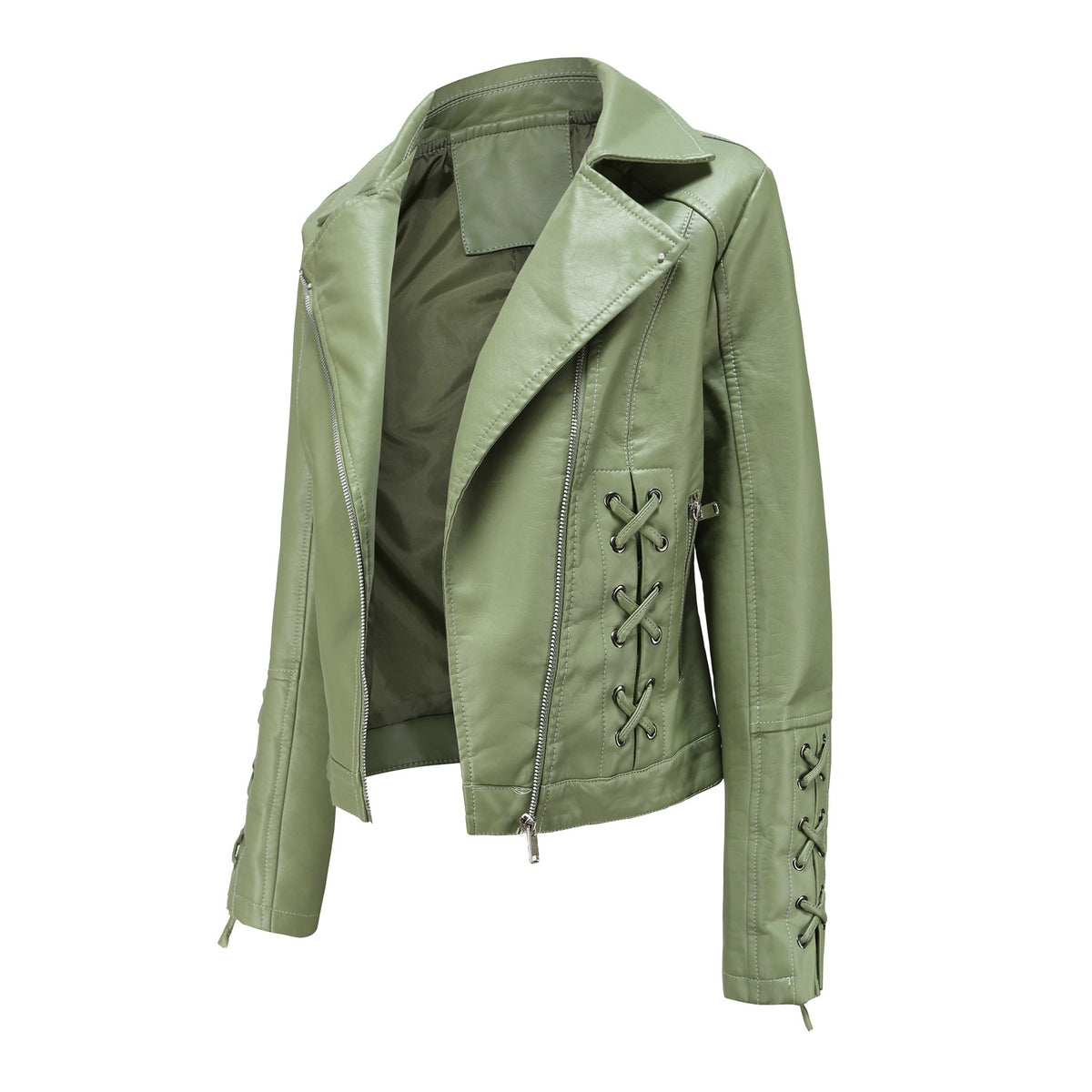 Women's Faux Leather Lace Up Moto Jacket Zip Up Biker