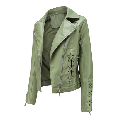 Women's Faux Leather Lace Up Moto Jacket Zip Up Biker
