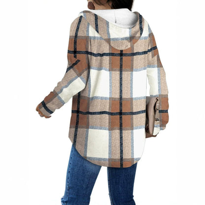 Women's Plaid Fleece V-Neck Hoodie Pullover
