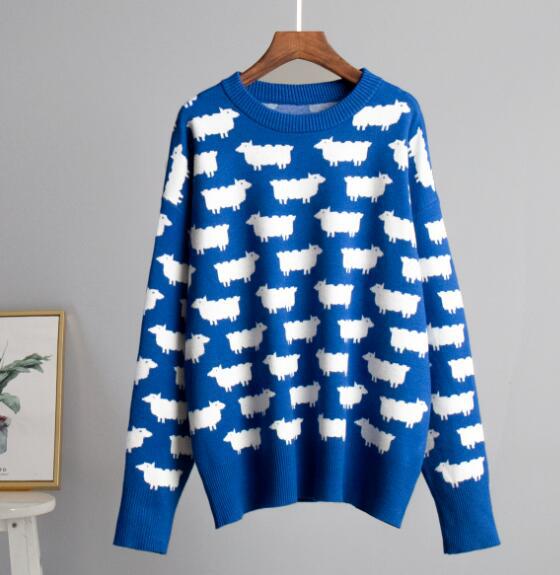Oversized Crewneck Sheep Print Knit Sweater