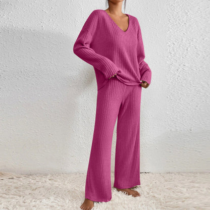 Women's Ribbed Knit Wide Leg Pants Two Piece Lounge Set