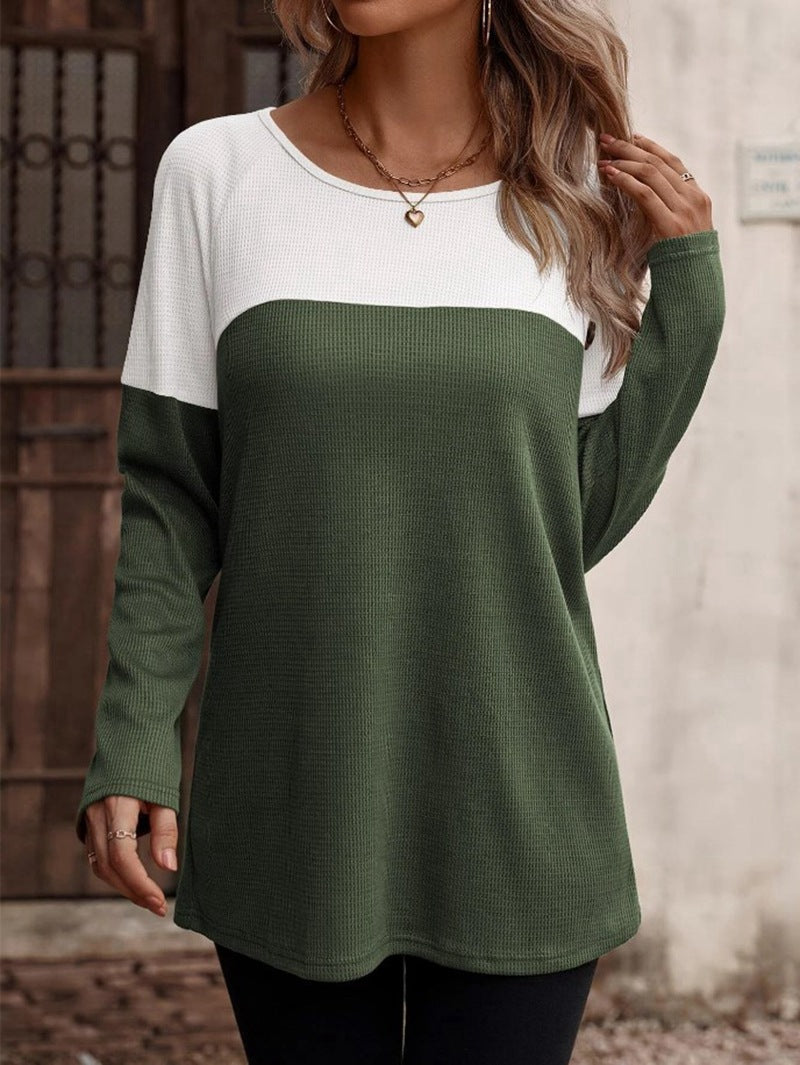 Color Block Shoulder Button Long Sleeve Loose Cotton Top