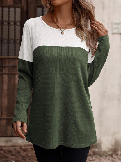 Color Block Shoulder Button Long Sleeve Loose Cotton Top