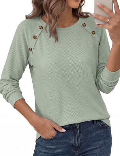 Waffle Knit Button Henley Top Crew Neck Long Sleeve Tee