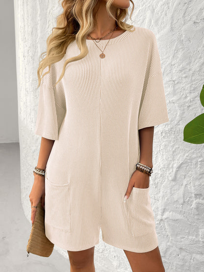 Loose Pocket Back V-Neck Short-Sleeve Jumpsuit