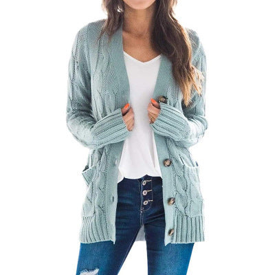 Womens Chunky Cable Knit Button Cardigan Sweater Pockets